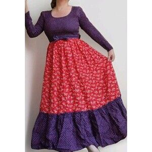 Vintage 70s Denise Are There Prairie Floral Maxi Dress Blue & Red Ruffled  M / L